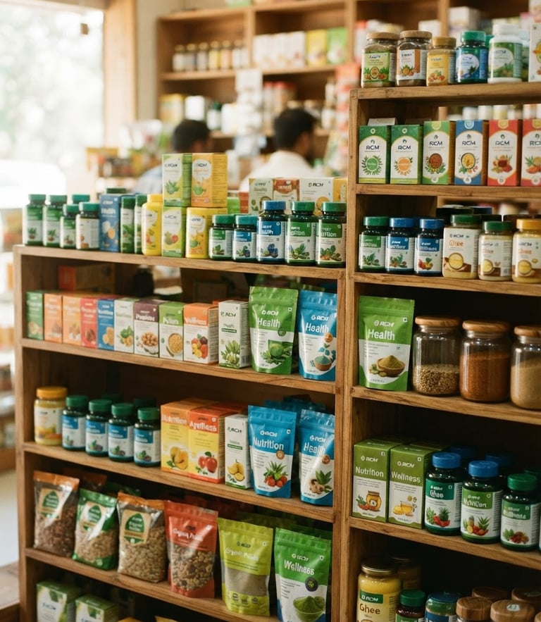 Vibrant RCM product display on clean wooden shelves, herbal health supplements and organic groceries, warm natural morning light, 35mm