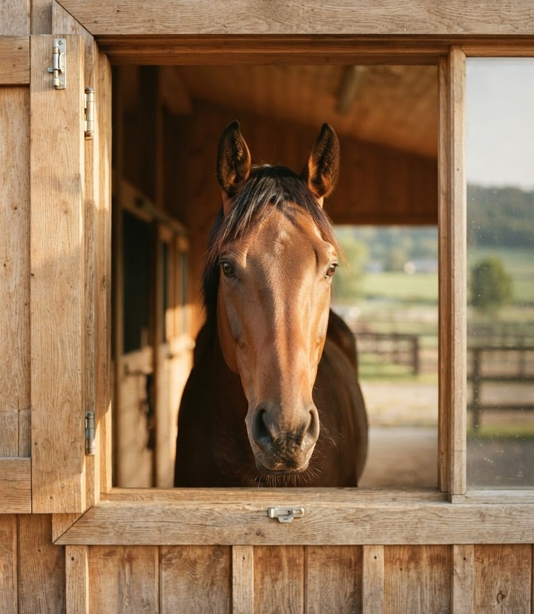 A beautiful warm-toned portrait of a healthy horse looking out of a clean, well-lit modern wooden barn window, soft morning sunlight, shallow depth of field, 35mm