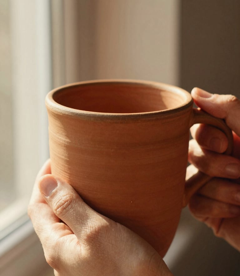 Close-up macro shot of a warm terracotta ceramic mug held by two hands, soft golden-hour window light, rich tactile clay textures, 35mm film