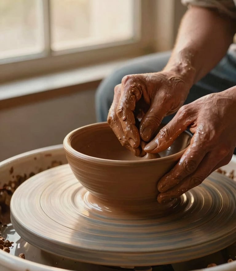 Close-up of potter's hands shaping a warm terracotta clay bowl on a spinning wheel, soft golden-hour window light, rich tactile textures, 35mm film style