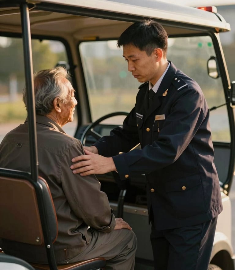 A professional driver in a clean uniform assisting an elderly passenger into a pristine transport vehicle, warm golden-hour lighting, shallow depth of field, 35mm