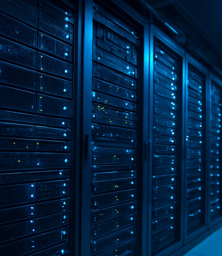 Cool-toned macro shot of server hardware racks in a Dubai data center, blue and electric cyan ambient LED glow, architectural perspective.