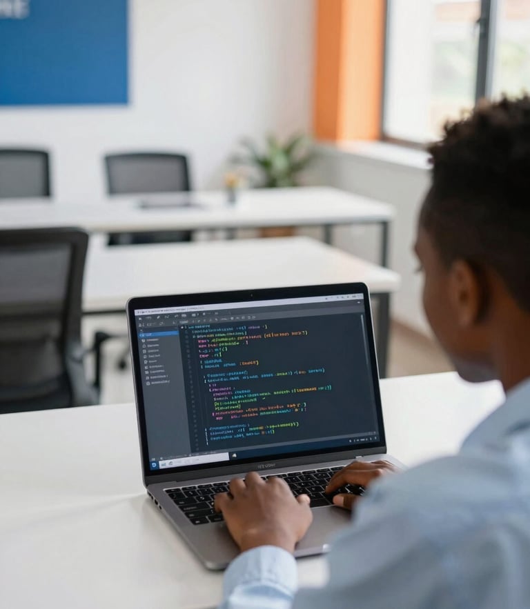 Over-the-shoulder view of a student coding on a laptop in a bright, modern classroom in Korhogo, warm natural light, professional corporate photography, 35mm lens