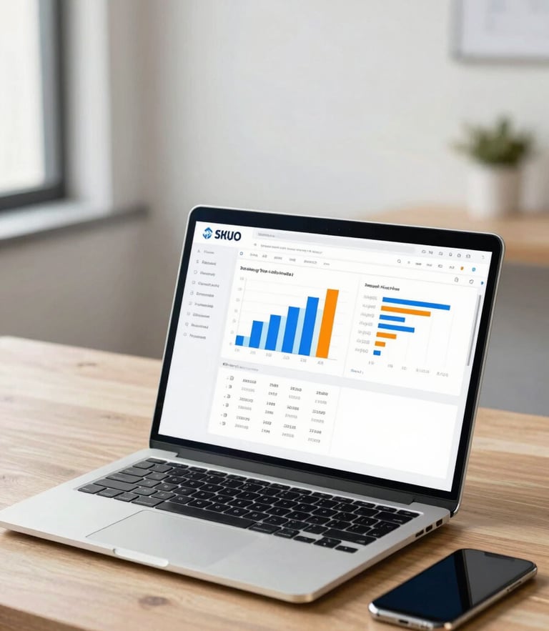 A sleek laptop showing a modern web application dashboard with blue and orange charts, placed on a clean wooden desk with a smartphone beside it, bright natural daylight, professional corporate photography, 35mm lens