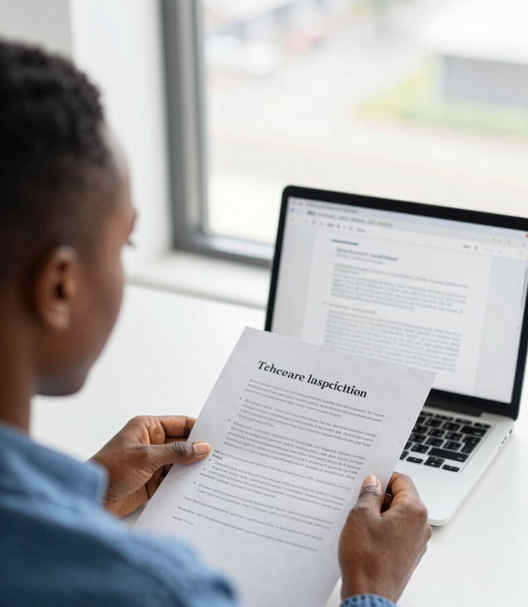 Over-the-shoulder shot of an Ivorian student reviewing a printed academic thesis, a laptop open next to them showing a clean document layout, bright natural daylight from a window, professional corporate photography, 35mm lens