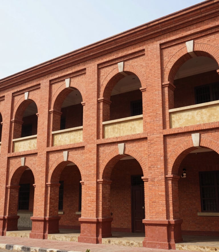 Warm architectural photography of the Malda District Centre building facade, showing clean terracotta brickwork and arches under bright natural West Bengal daylight, wide-angle lens, editorial documentary style