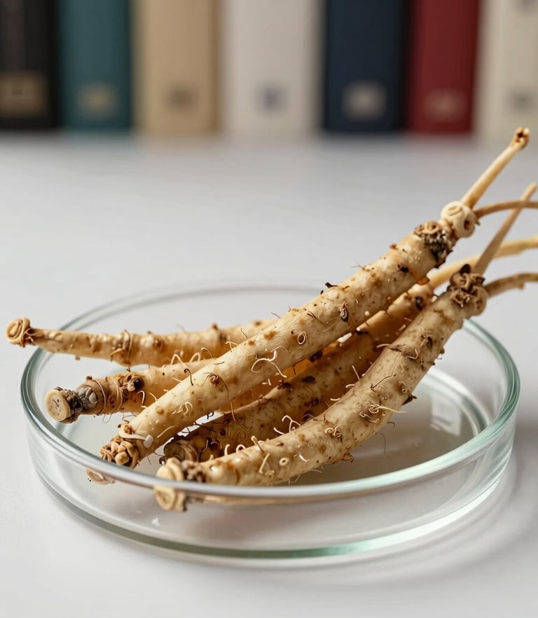 A clean, high-contrast macro shot of raw ashwagandha roots resting on a modern glass petri dish, soft natural side lighting, book-lined study background.