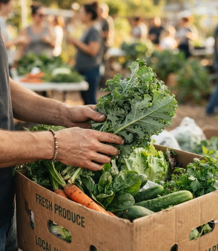 Warm natural daylight shot of hands carefully placing fresh green vegetables into a cardboard box, shallow depth of field, candid community action.