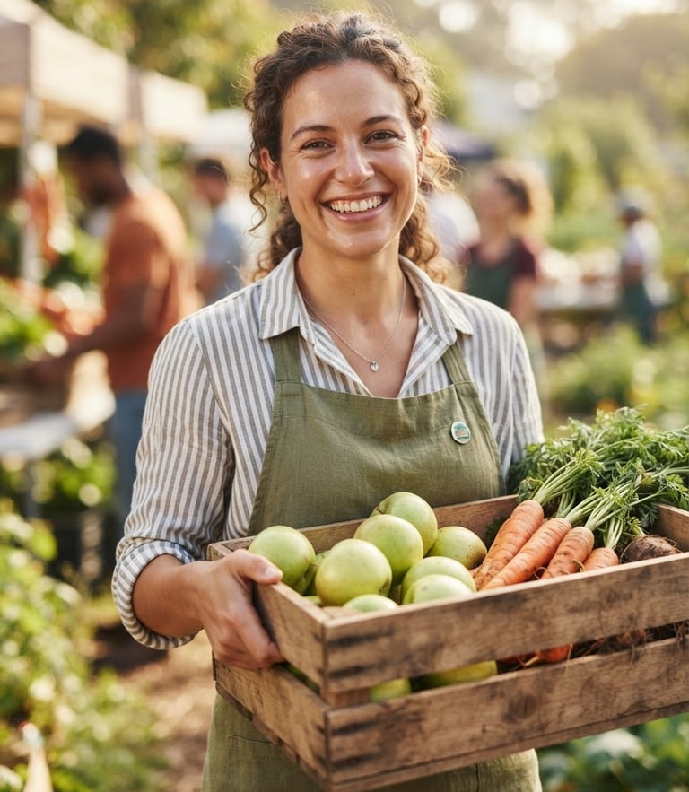 A warm, close-up portrait of a volunteer smiling while carrying a wooden crate filled with fresh green apples and orange carrots, natural morning sunlight, shallow depth of field