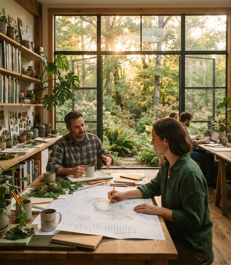 Warm editorial photography of a professional ecological design studio office, large windows overlooking a lush native Georgia garden, golden-hour sunlight filtering through oak leaves, 35mm.