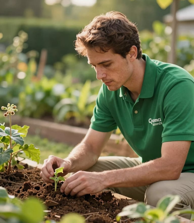 A professional ecological designer in a branded green shirt examining native soil and plants in a lush garden, warm natural light, shallow depth of field