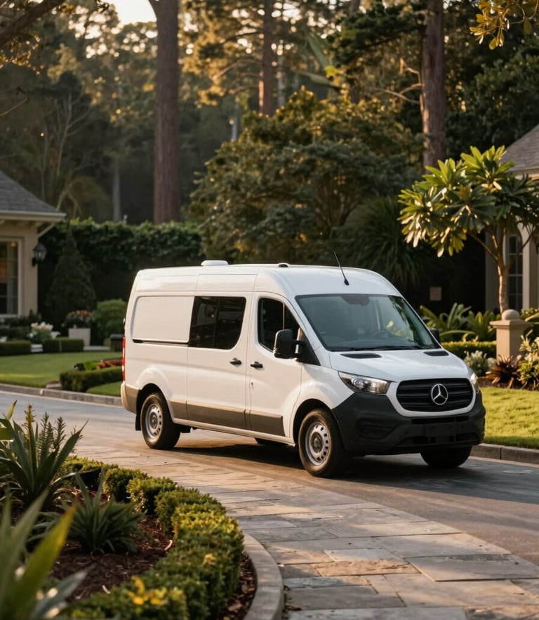A clean, branded service vehicle parked neatly beside a stone pathway of a beautifully landscaped Georgia estate, golden hour light