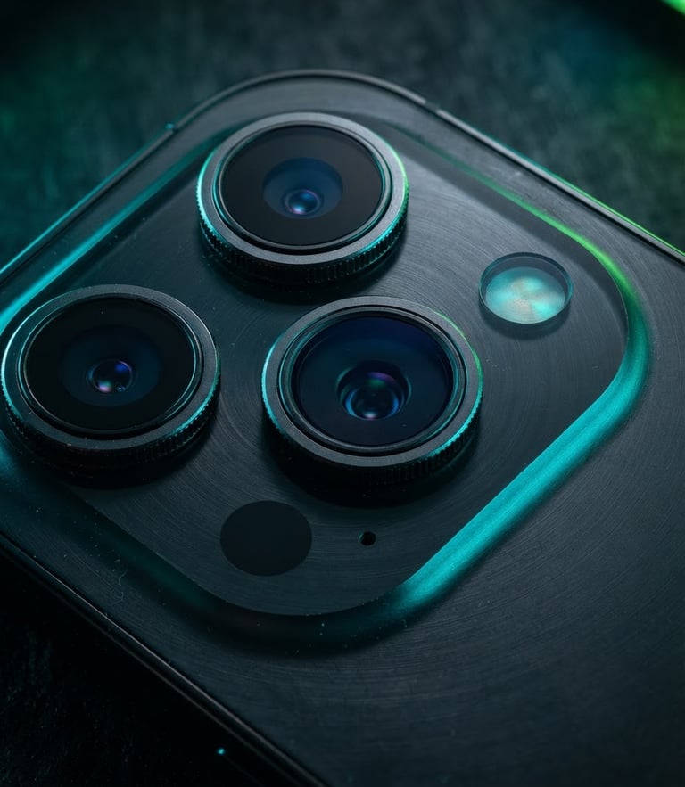 Sharp close-up of a smartphone camera lens module with cyan and green rim lighting on a dark metallic surface, 50mm macro lens