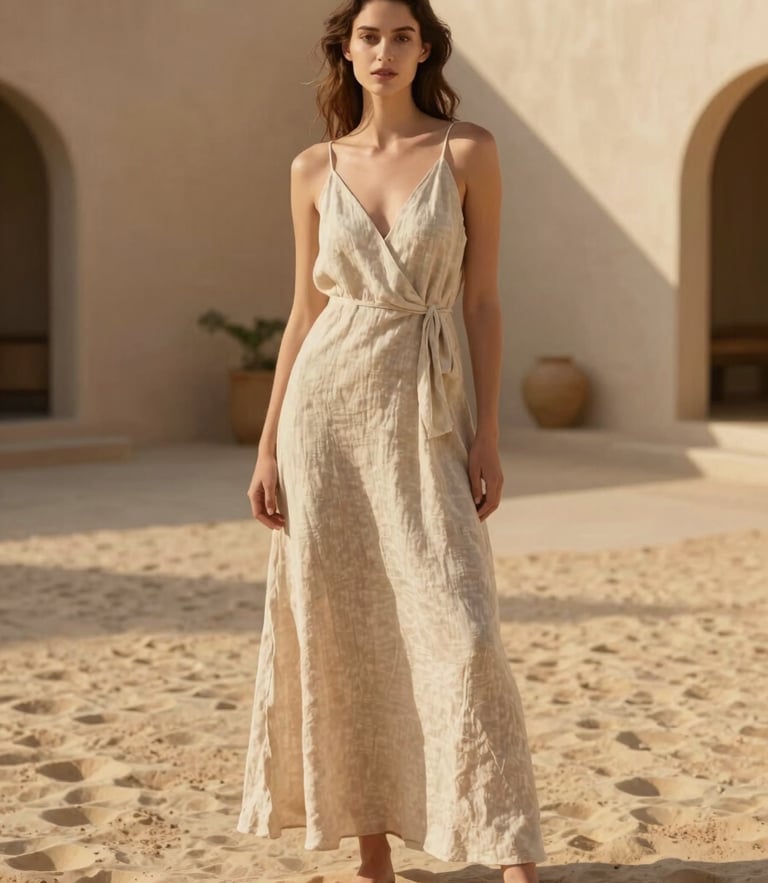 An elegant model wearing a fluid linen dress, standing in a sun-drenched minimalist courtyard with soft shadows, warm sand tones, golden-hour light