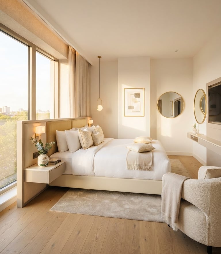 Bright modern guest room at Hotel Lotus Palace, crisp white linens on a king bed, warm natural sunlight streaming from a large window, soft gold accents.
