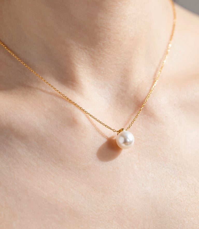Macro product shot of a delicate gold necklace reflecting soft morning light on elegant collarbone skin, minimalist editorial style