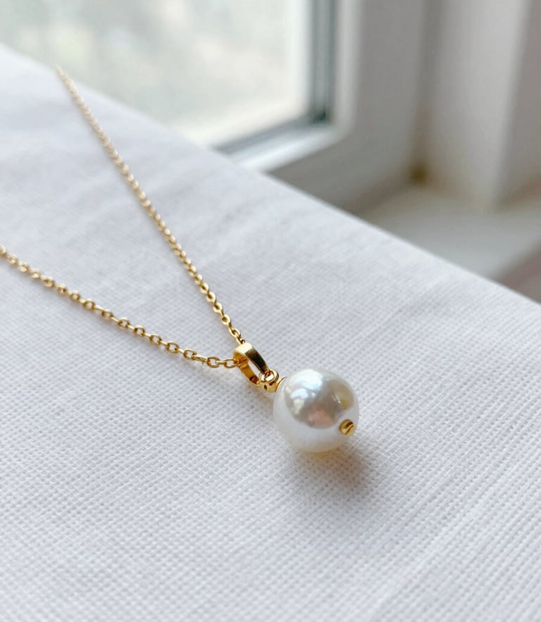 Macro shot of a delicate gold chain and pearl pendant resting on textured white linen, soft morning window light, shallow depth of field