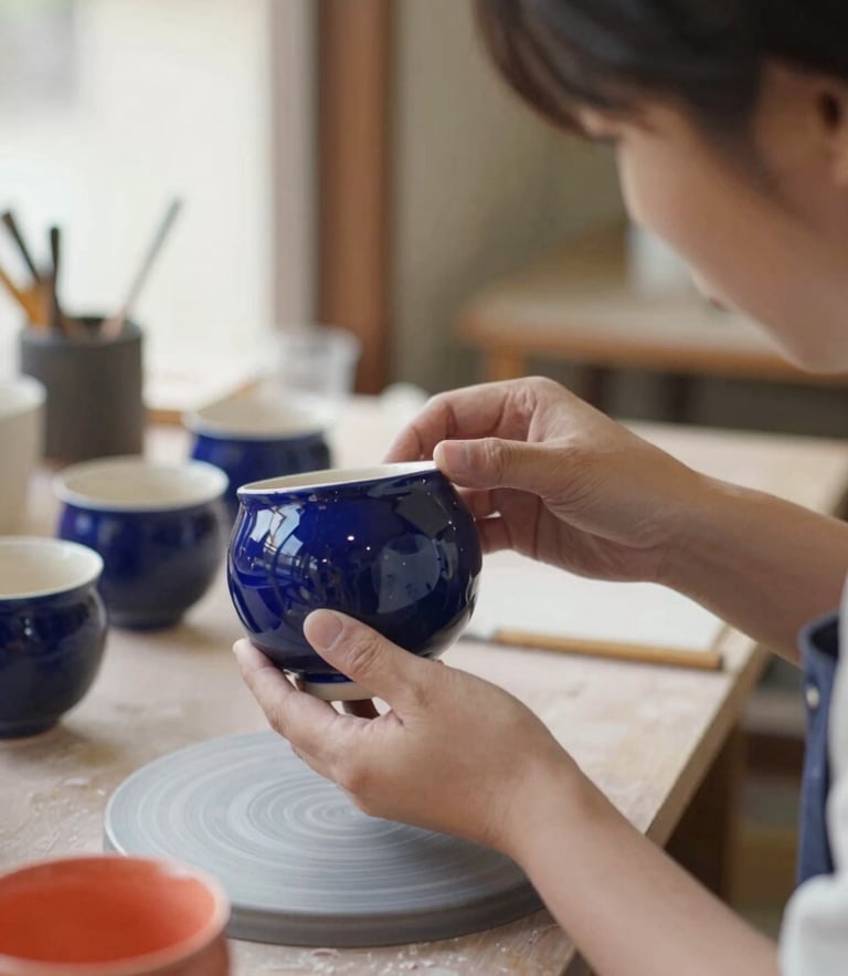 Artisan travel planner examining a piece of handmade ceramics in a quiet Kyoto workshop, soft daylight, intimate close-up, sharp focus, 35mm