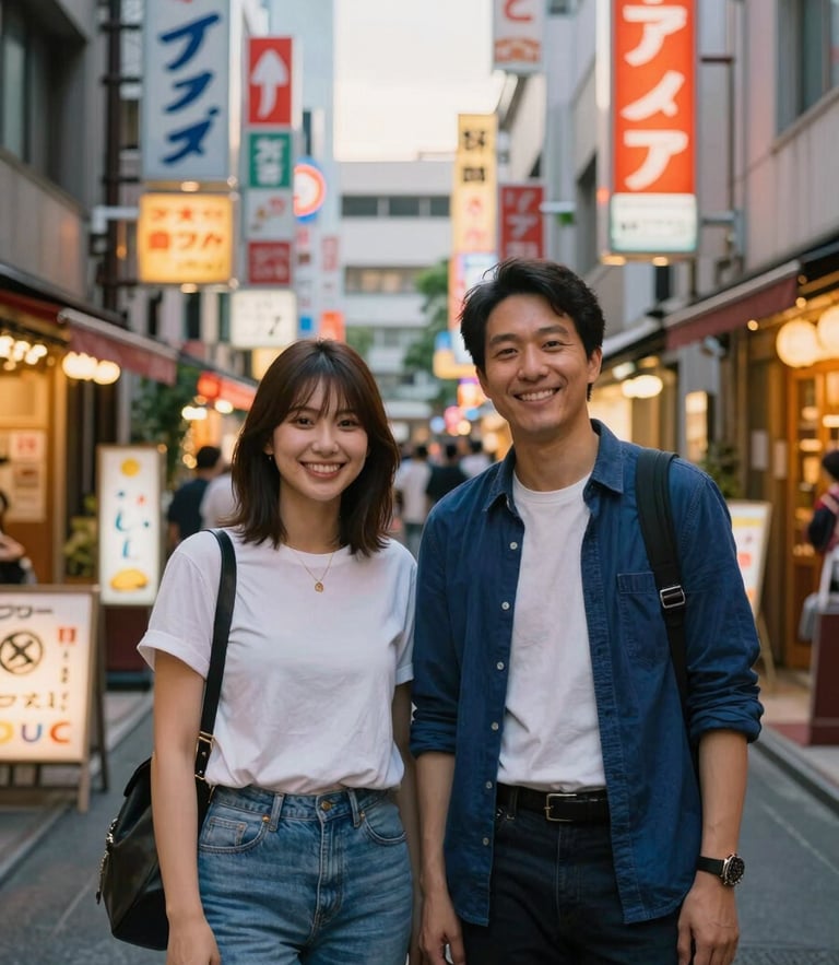 Bilingual Japan travel planner smiling in a vibrant Tokyo alleyway at golden hour, neon signs beginning to glow, environmental portrait, sharp focus, 35mm