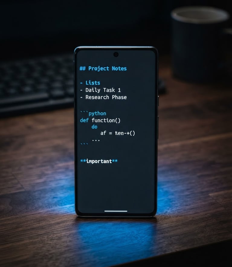 Sleek portrait mockup of an Android smartphone screen displaying a minimal markdown text editor, vibrant screen glow casting electric blue light onto a dark wooden desk, moody low-key studio lighting, sharp macro lens detail
