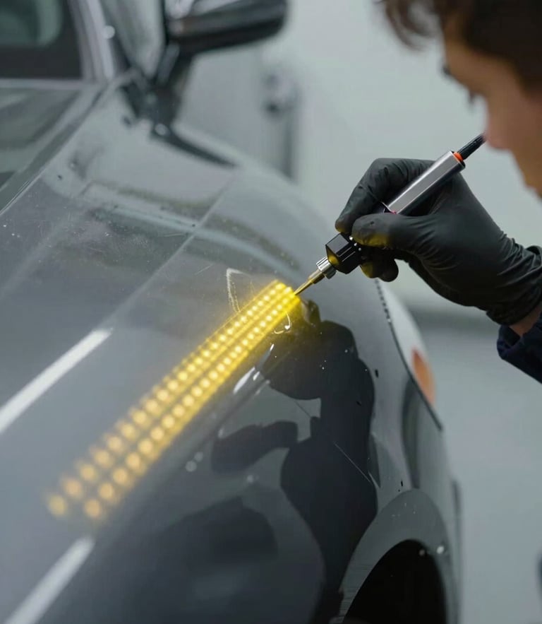 Close-up shot of a technician in a clean dark workshop using a specialized LED line board to reflect parallel yellow lines onto a curved car fender, highlighting a minor dent.