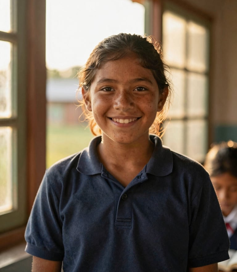 Warm environmental portrait of a smiling young student in a rural Colombian school, golden-hour sunlight filtering through window, shallow depth of field.