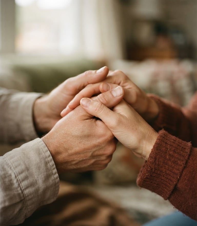Close-up of supportive hands gently holding each other, soft natural window light, muted warm earth tones, shallow depth of field, 35mm