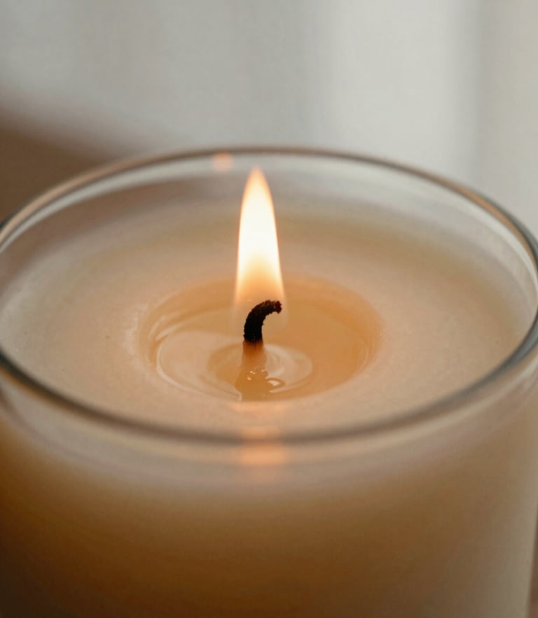 Close-up macro shot of a hand-poured soy candle with a delicate cotton wick flame, focusing on the rich creamy texture of melting wax, warm earthy tones, soft CDMX afternoon light.