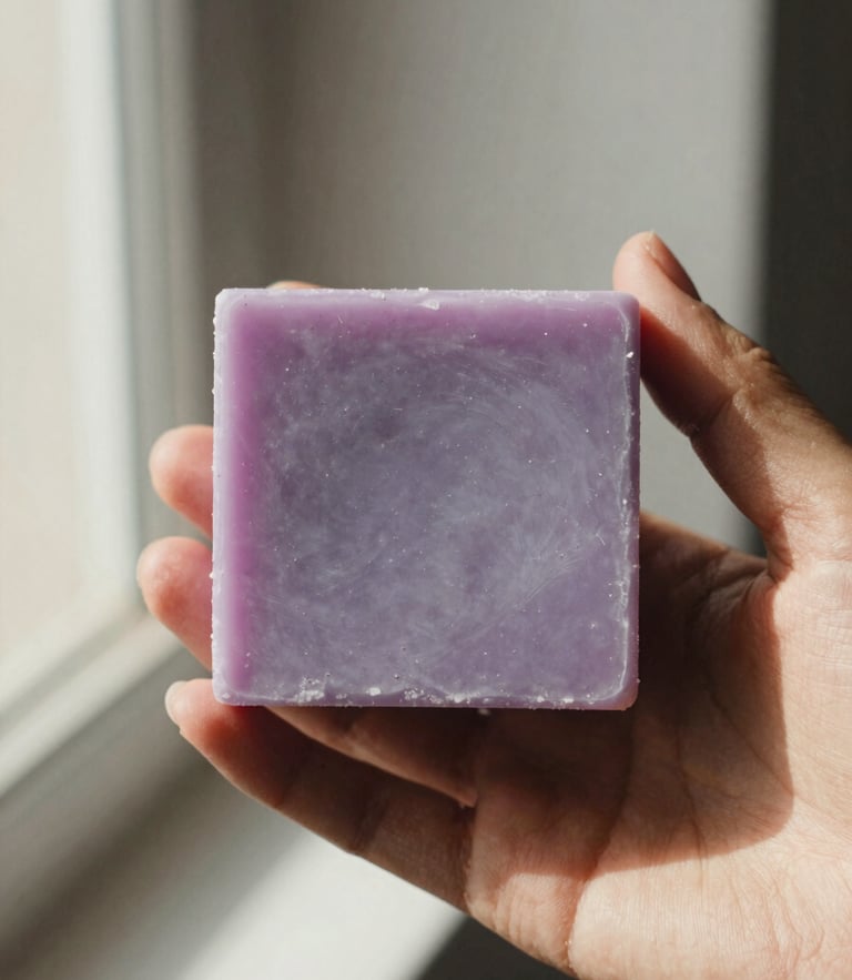 Close-up of a hand holding a solid lavender and coconut shampoo bar, soft CDMX afternoon sunlight, warm editorial photography, 35mm film