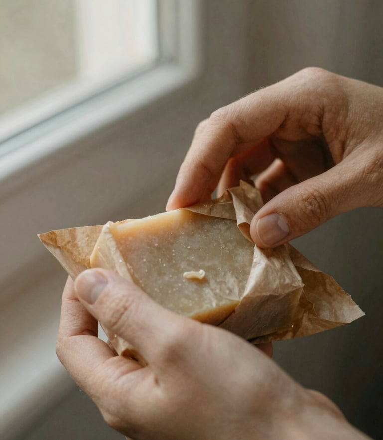 Close-up of hands gently wrapping a solid shampoo bar in biodegradable brown paper, soft afternoon window light, earthy muted tones