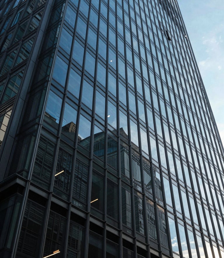 Extreme wide-angle architectural shot of a modern glass and steel skyscraper facade, deep blue sky reflection, high-contrast geometric shadows, daylight.