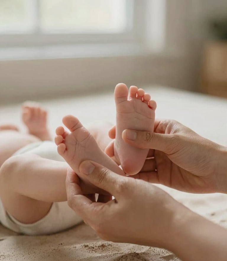 Close-up of gentle hands supporting a tiny infant's feet during a developmental movement session, soft natural window light, warm sand and sage tones, 35mm photography
