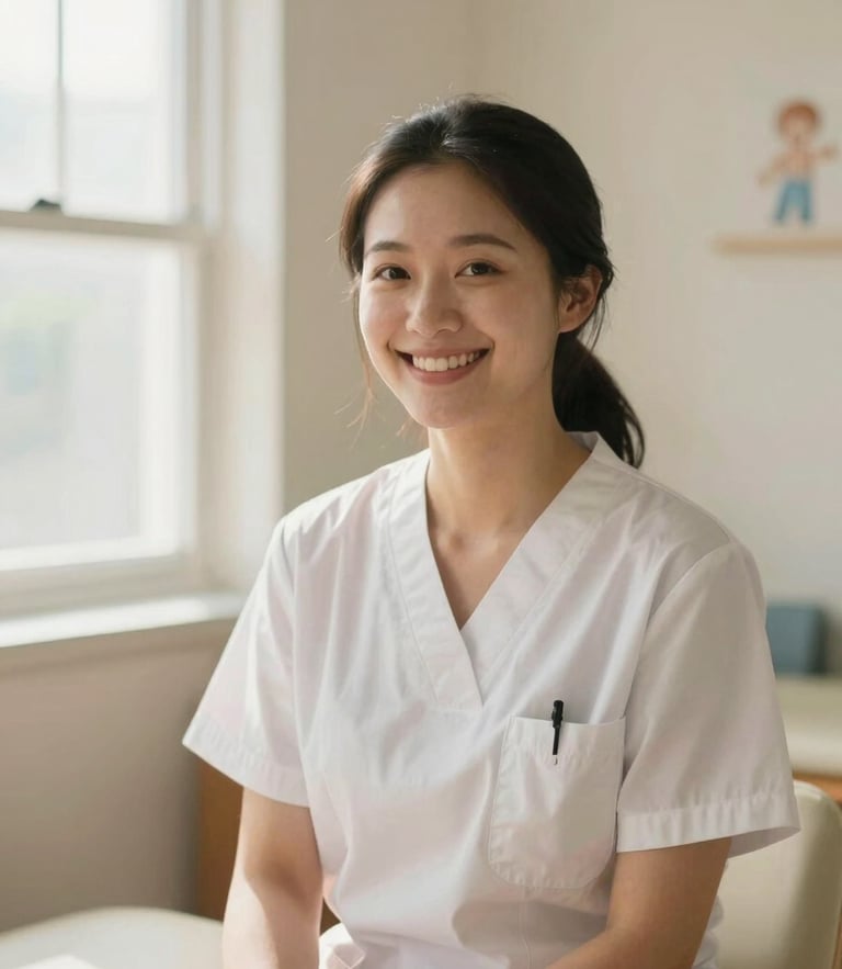 A professional female pediatric therapist smiling warmly in a soft-lit, peaceful therapy room, natural window light, warm cream background, shallow depth of field, 35mm