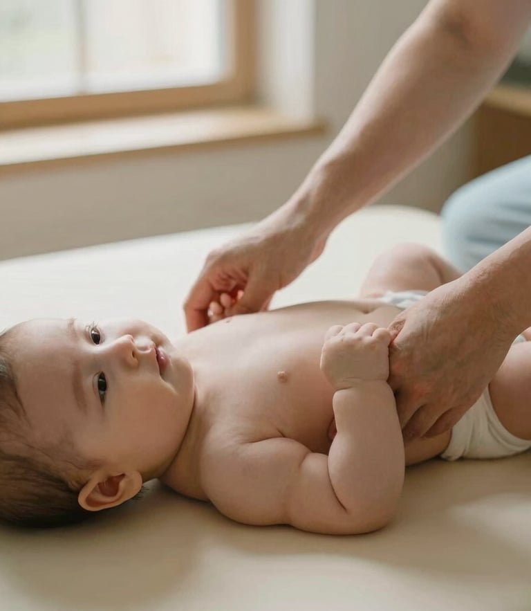 A close-up of a physical therapist gently guiding an infant's motor movement on a soft cream mat, warm natural window light, 35mm