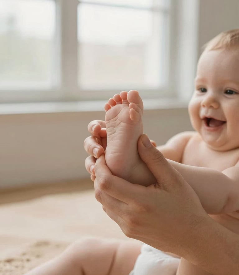 Close-up of a pediatric physical therapist's gentle hands supporting a happy infant's feet during a developmental motor exercise, soft morning window light, warm sand tones, shallow depth of field