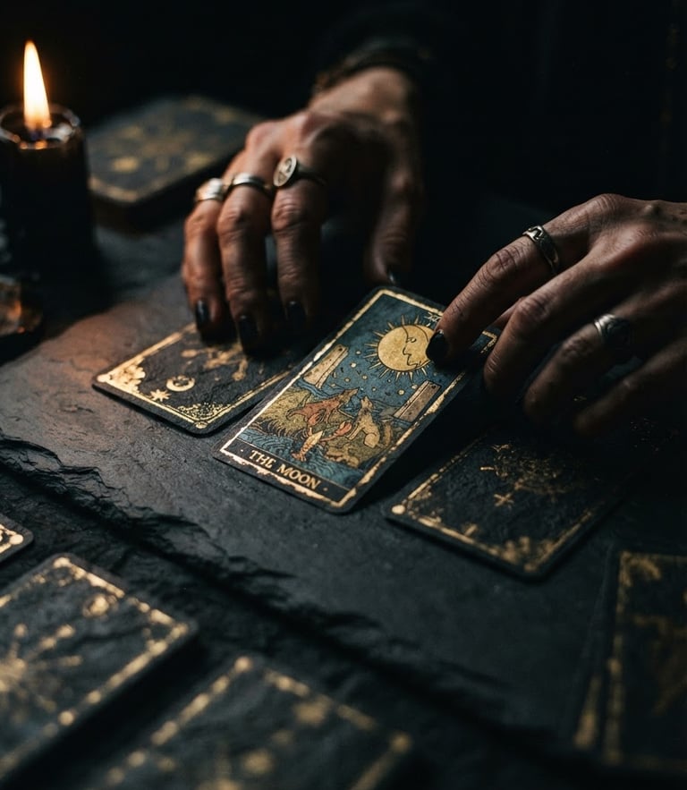 Extreme close-up of hands handling dark textured tarot cards on a black slate table, candlelight casting dramatic chiaroscuro shadows, antique gold details, 35mm film grain