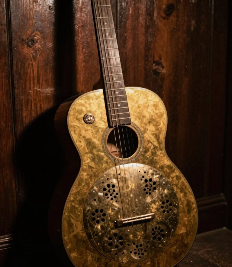 Close-up of a vintage brass-bodied resonator guitar leaning against a dark wooden wall, warm spotlight casting deep shadows, dust motes in the air