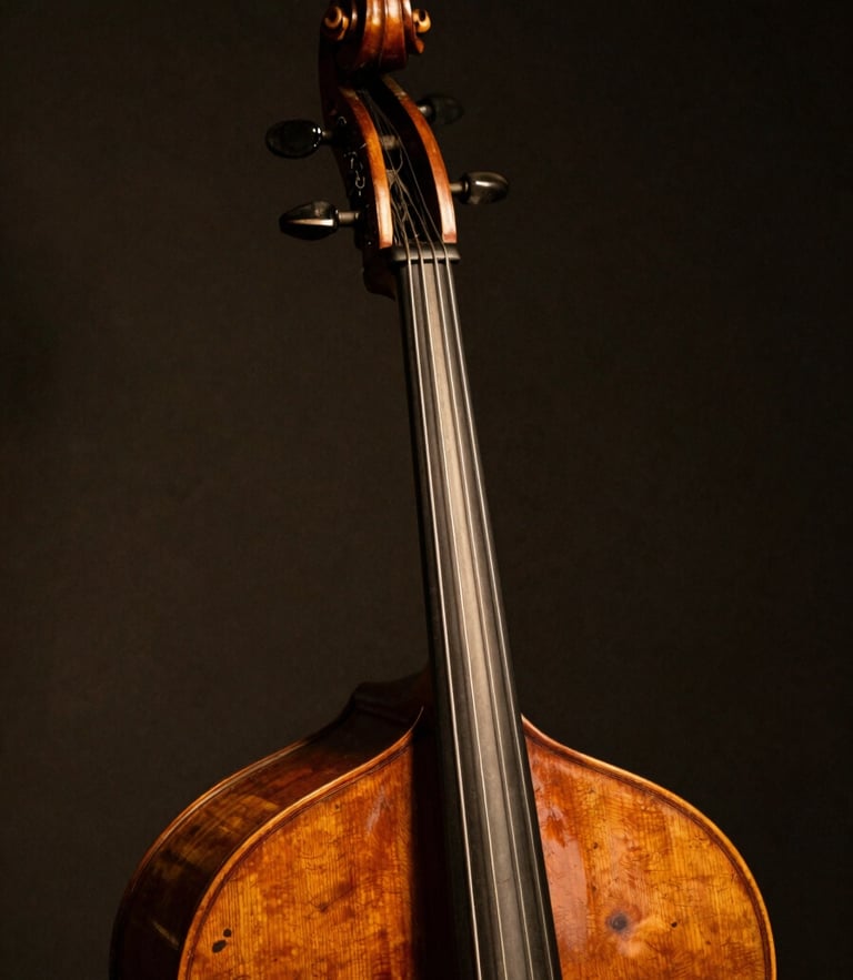 Close-up of the elegant scroll and pegbox of an old upright bass, warm side lighting highlighting the worn grain of the wood, dark background