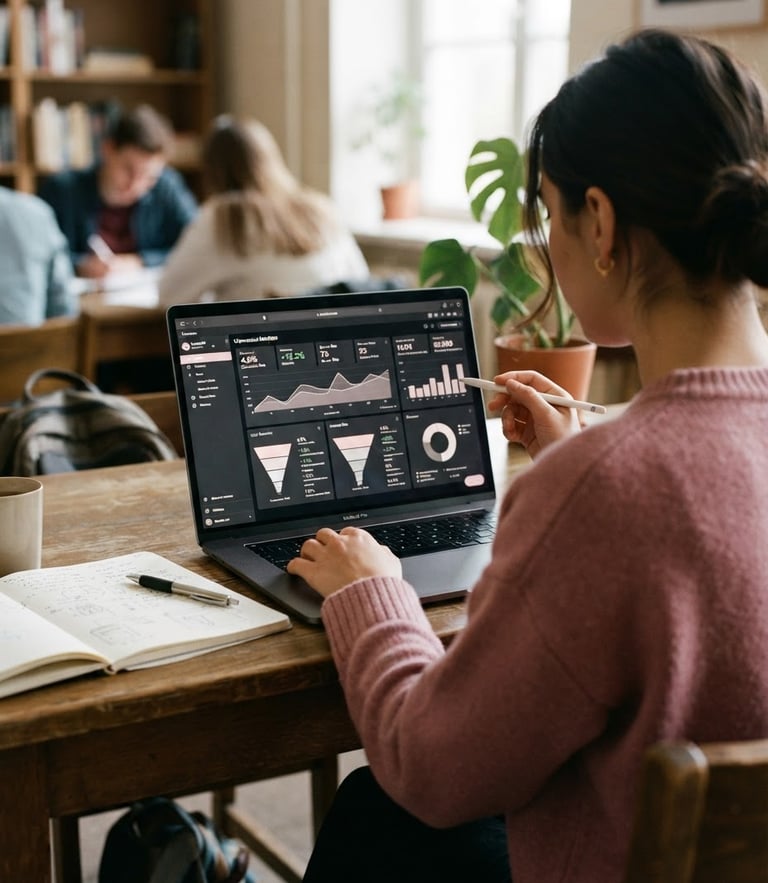 Candid over-the-shoulder shot of a student analyzing real-time conversion metrics on a clean dashboard screen, soft natural window light, muted pink tones, 35mm