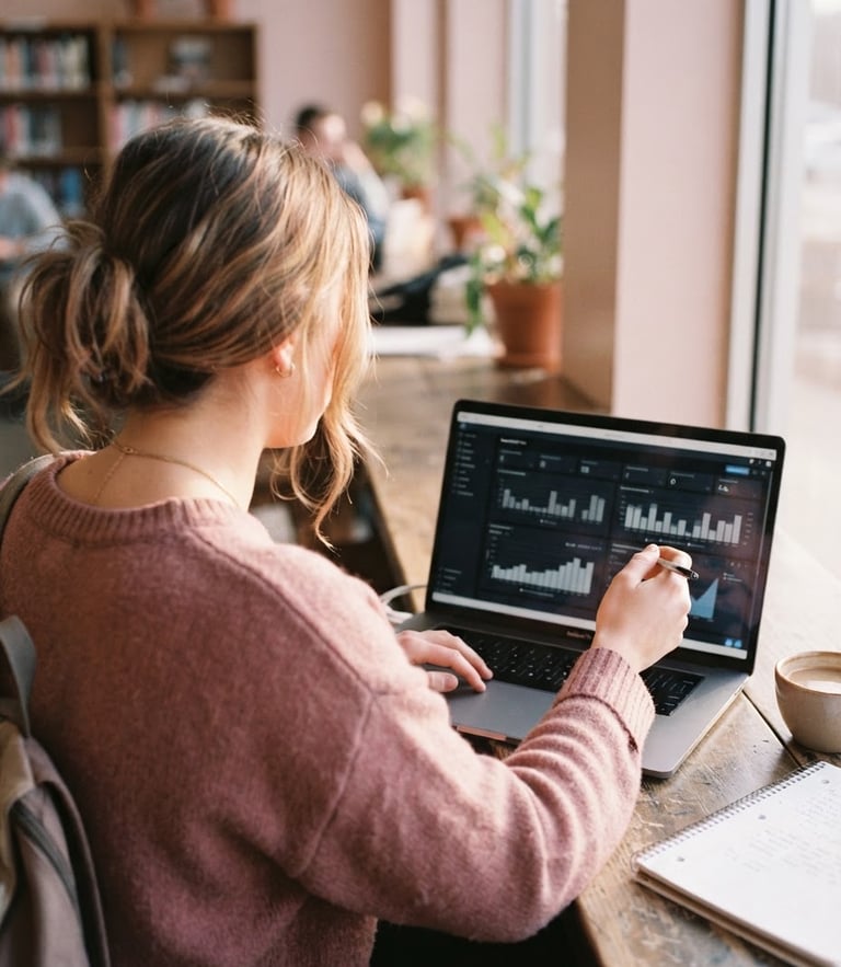 Candid over-the-shoulder shot of a student analyzing a live analytics dashboard on a laptop, soft morning window light, warm desaturated pink tones, 35mm photography