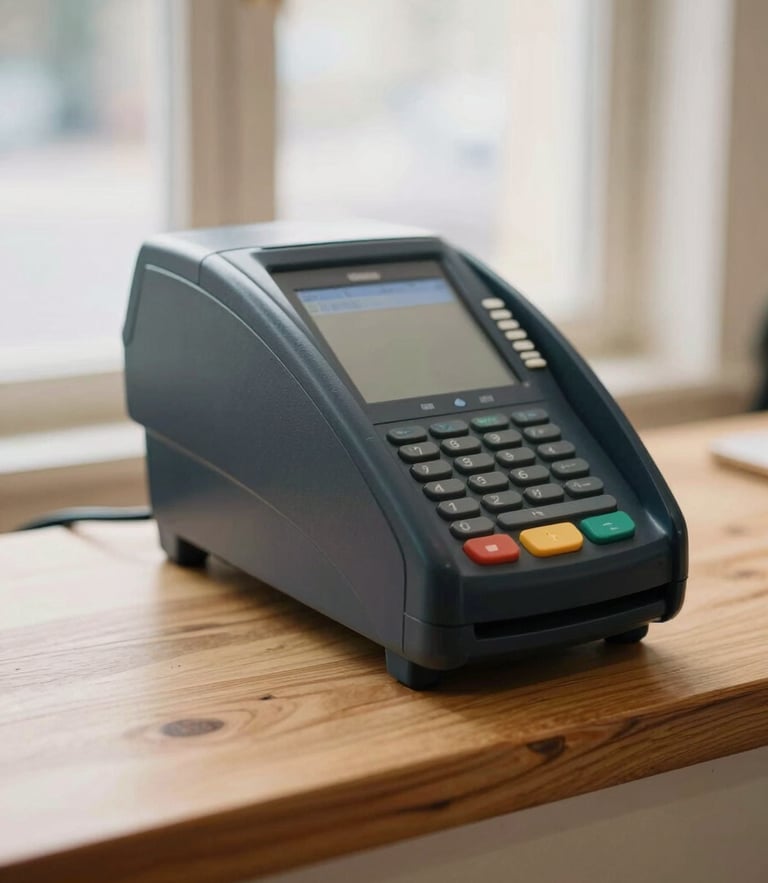 A close-up of a physical merchant terminal on a clean wooden counter, warm natural window light, 35mm photography