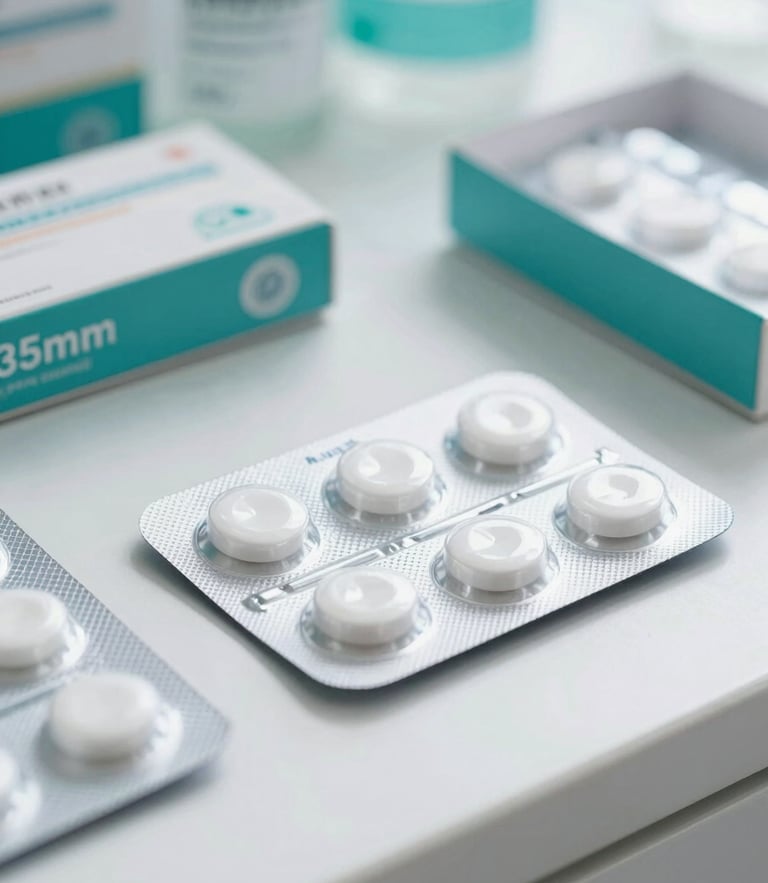 Bright clean close-up of certified medicine blister packs on a white clinical counter, soft daylight, medical teal accents, sharp focus, 35mm