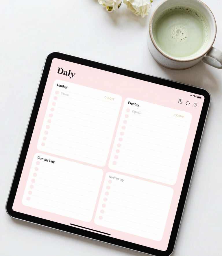 styled overhead flatlay of an iPad displaying a pastel pink daily planner next to a ceramic cup of matcha, bright diffused natural light, fresh flowers in background