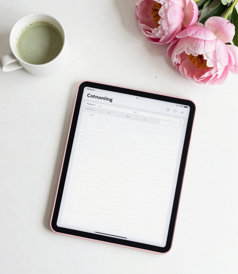 Overhead flatlay of a pastel pink iPad displaying a digital planner with habit trackers, styled next to a cup of morning matcha and fresh pink peonies on a clean white desk, bright diffused natural daylight.