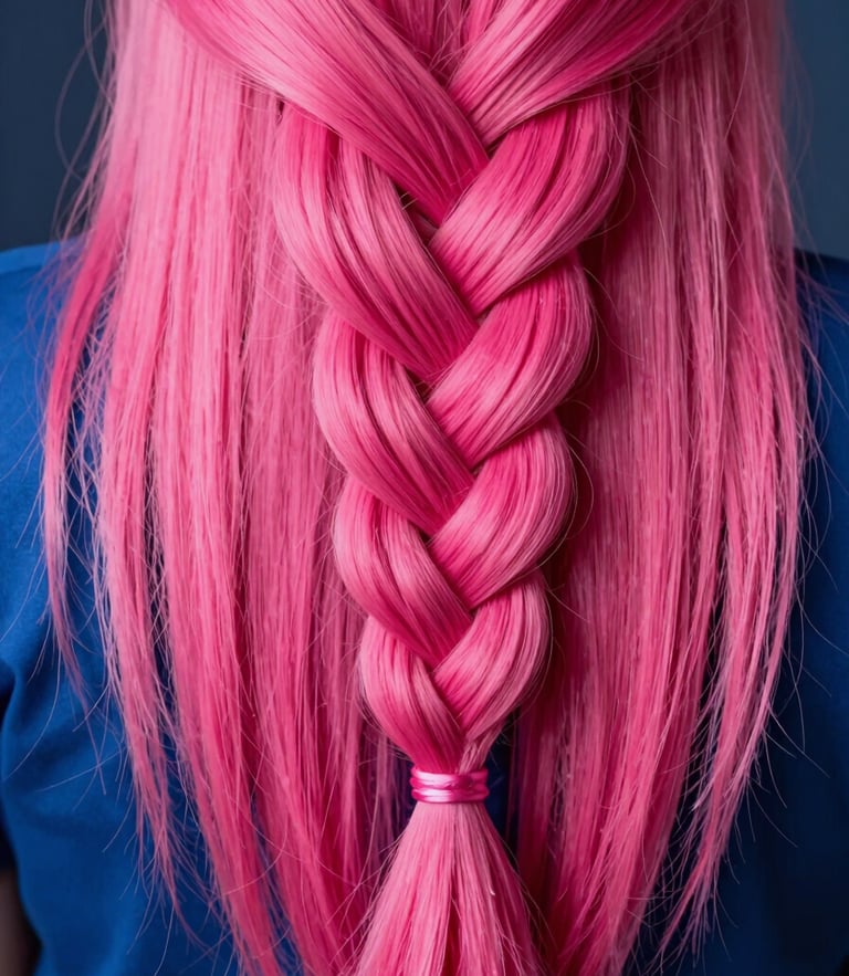 Close-up of vibrant pink Kanekalon hair extensions being braided, soft studio lighting, rich fuchsia tones, sharp detail