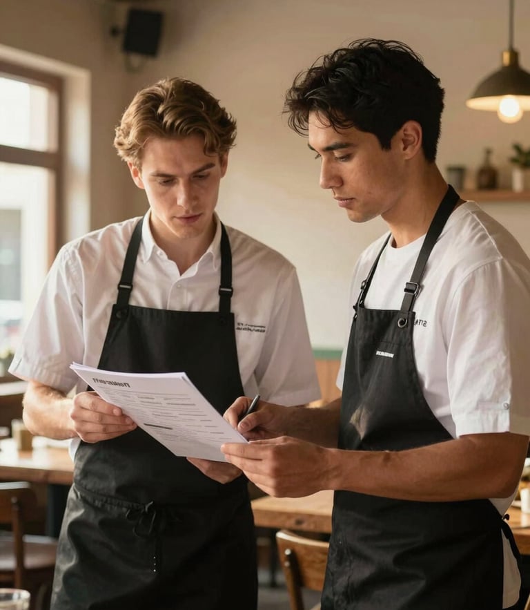 Medium environmental portrait of two restaurant managers reviewing a prep list together in a warmly lit, rustic dining room before service, soft golden hour light, candid interaction