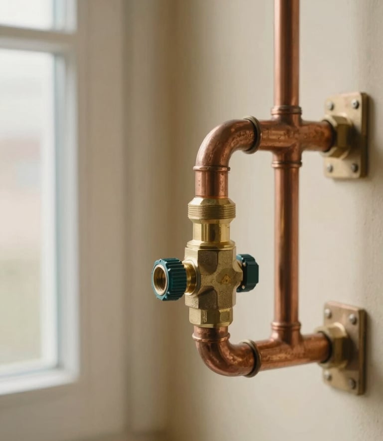 Tight editorial macro shot of clean copper piping and brass fittings in a warm cream utility room, soft natural window light, 35mm