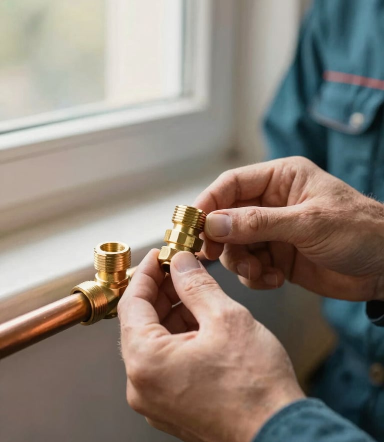 Close-up of a professional plumber's hands installing clean brass fittings on copper pipes, soft natural window light, shallow depth of field, warm editorial 35mm photography