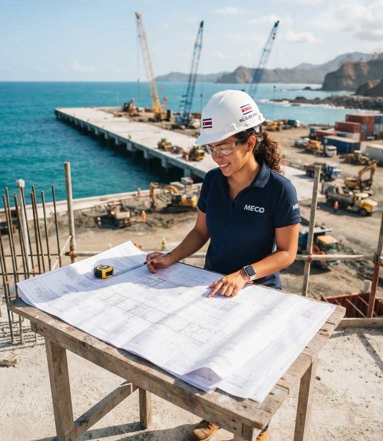 A professional Costa Rican civil engineer in a white hard hat looking over architectural blueprints, bright coastal morning light, modern port infrastructure construction in the background.
