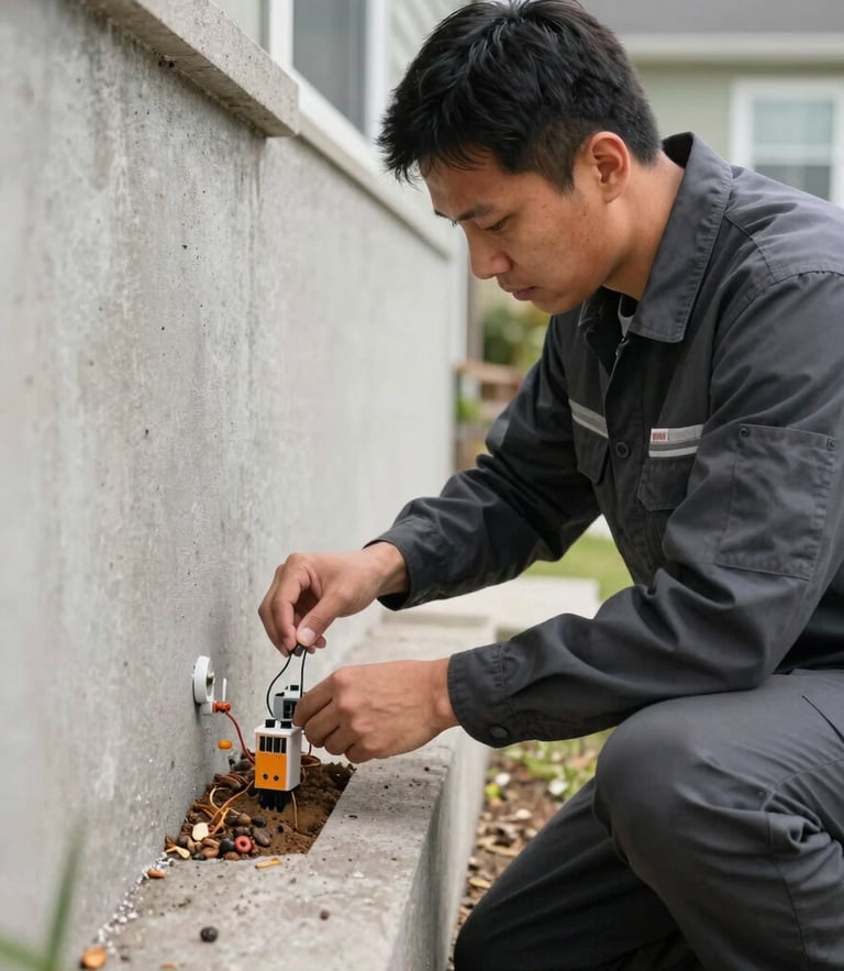 A professional pest control technician in a clean dark uniform installing a technical subterranean termite bait station along a concrete residential foundation, crisp daylight, action-oriented framing.
